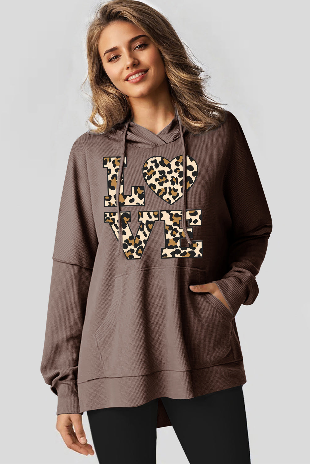 Valentine's Day Heart Leopard Print Waffle Knit Fleece Lined Hoodie