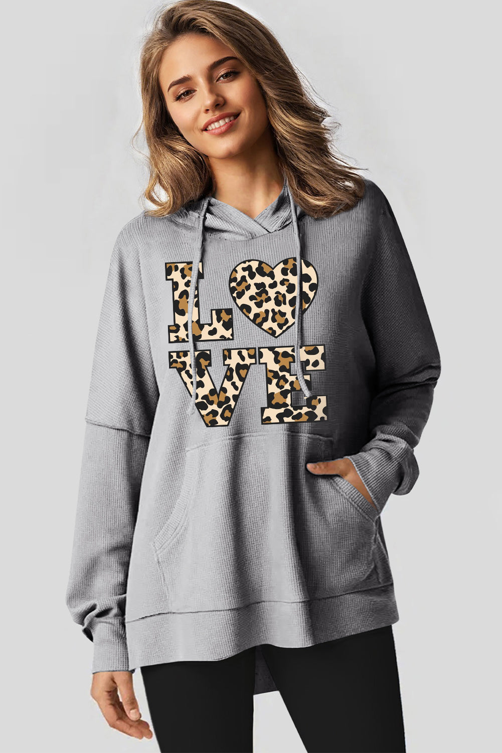 Valentine's Day Heart Leopard Print Waffle Knit Fleece Lined Hoodie