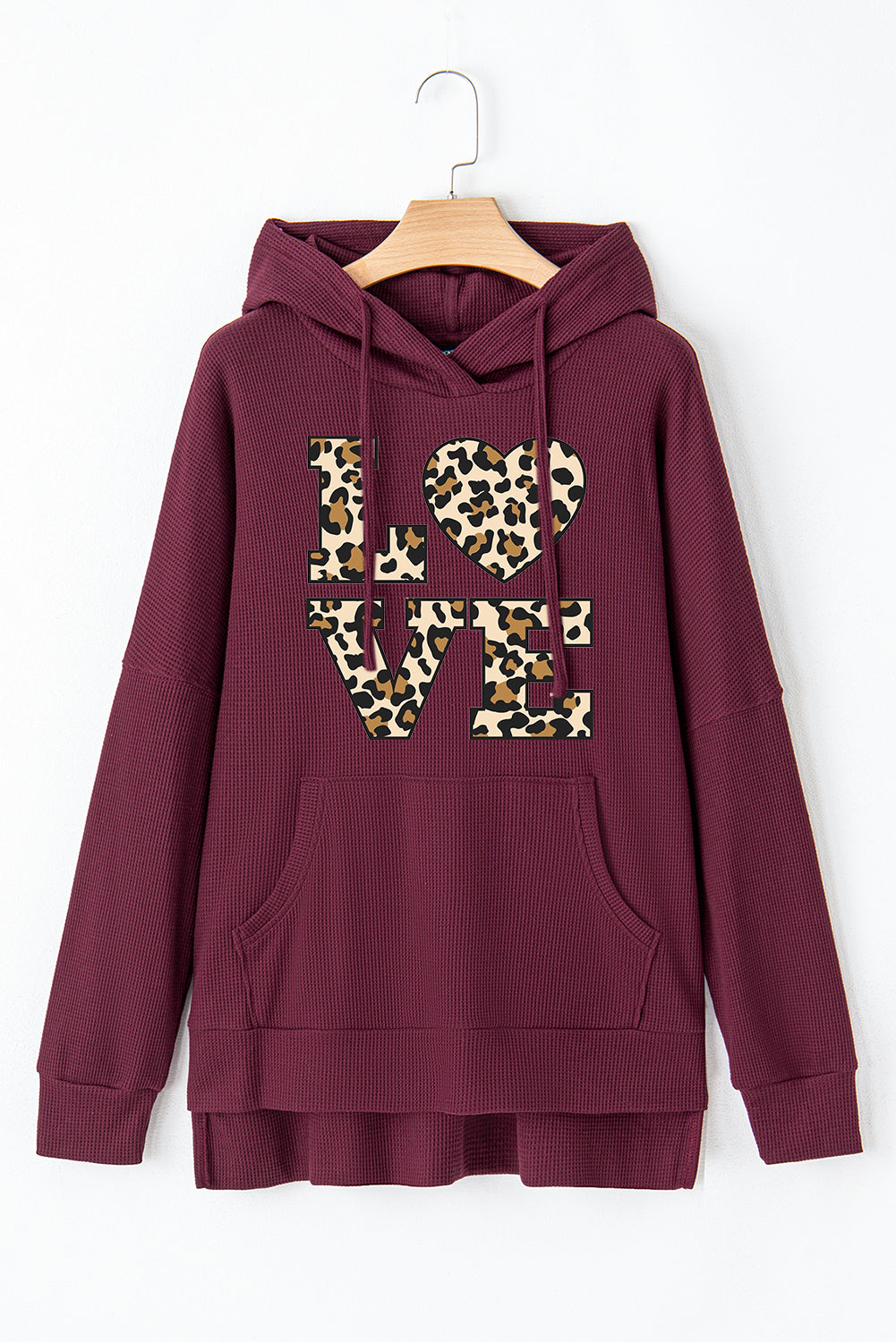 Valentine's Day Heart Leopard Print Waffle Knit Fleece Lined Hoodie