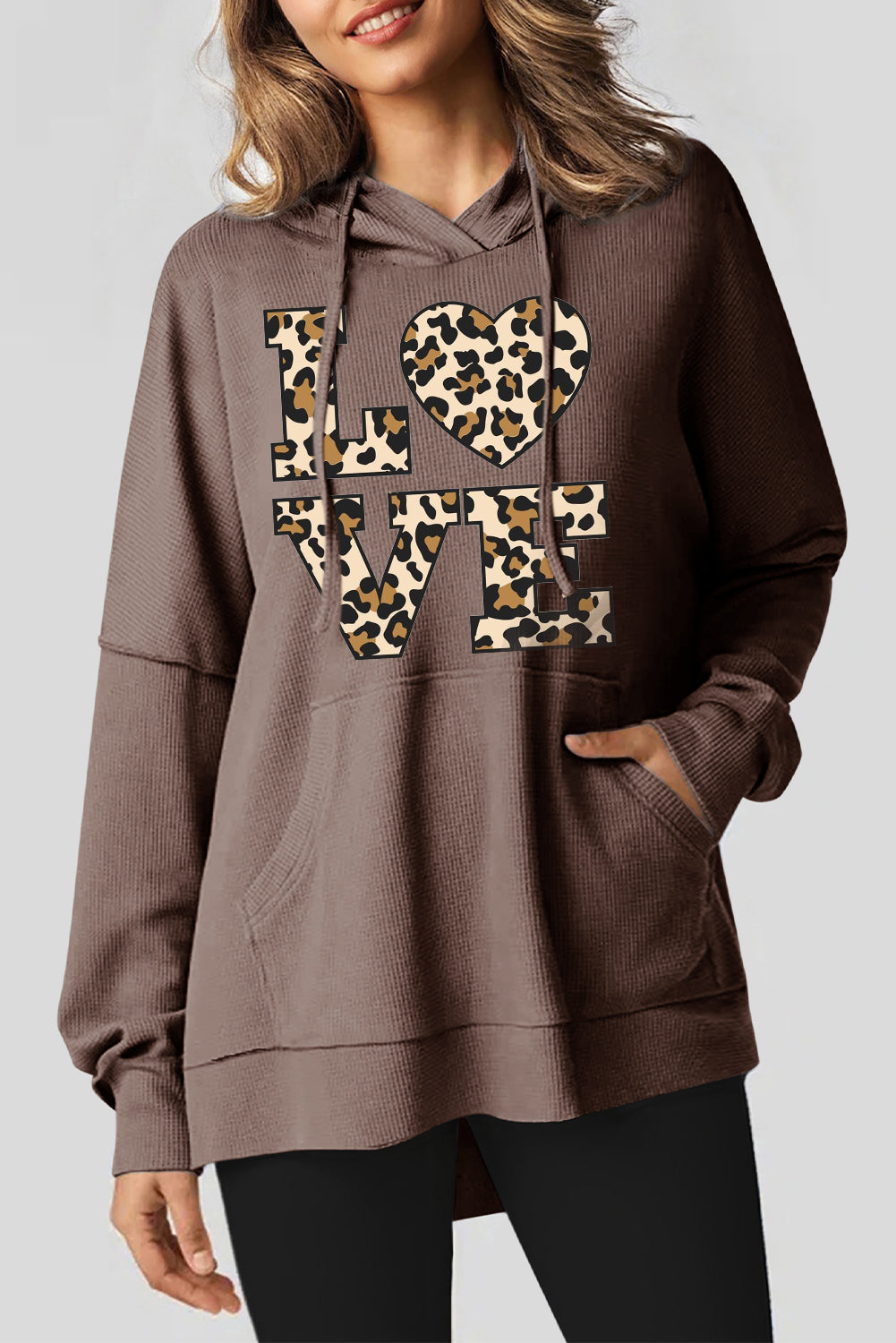 Valentine's Day Heart Leopard Print Waffle Knit Fleece Lined Hoodie