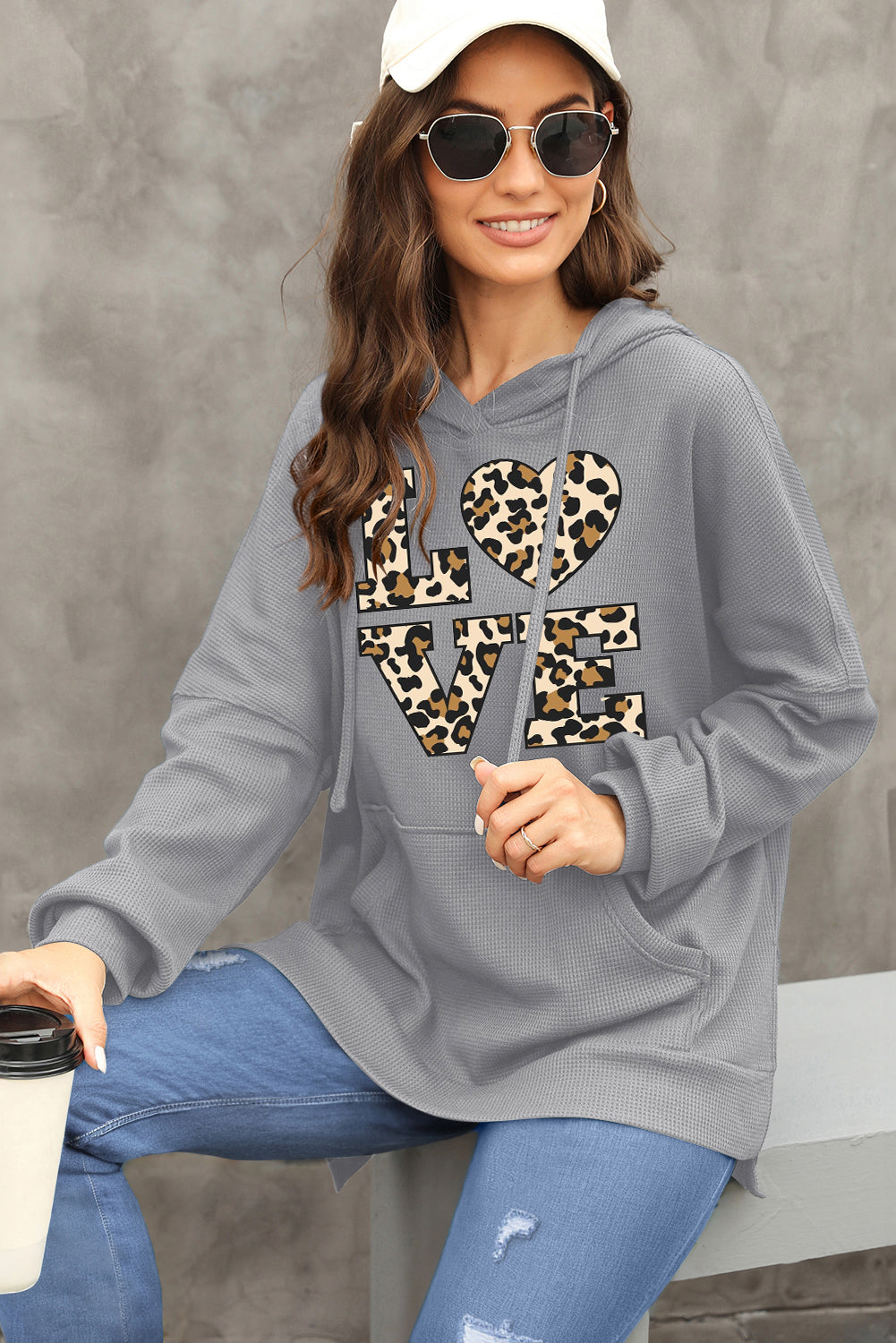 Valentine's Day Heart Leopard Print Waffle Knit Fleece Lined Hoodie