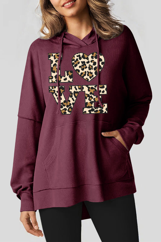 Valentine's Day Heart Leopard Print Waffle Knit Fleece Lined Hoodie