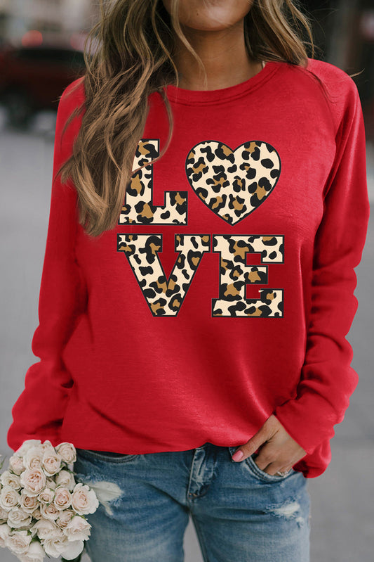 Heart Leopard LOVE Print Crew Neck Pullover Sweatshirt