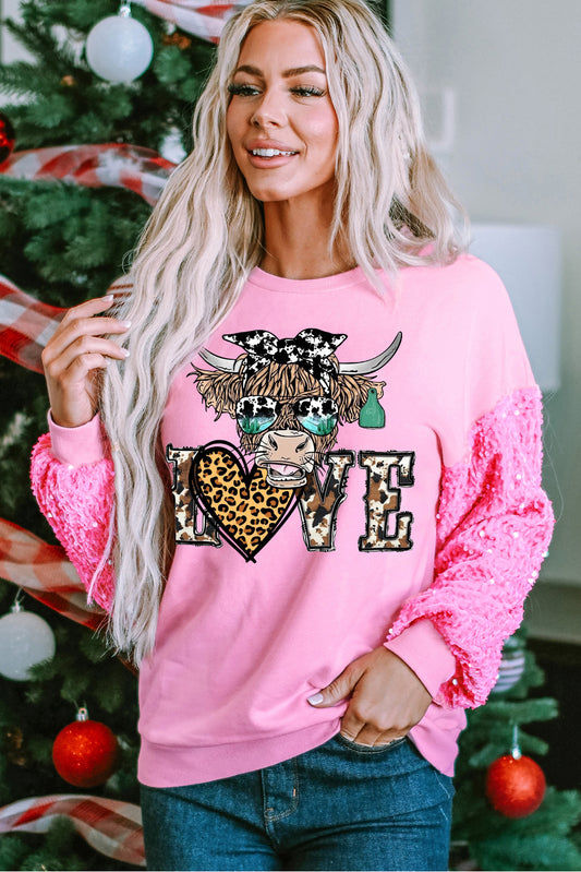 Bulls Heart Leopard Print Sequin Patchwork Long Sleeve Pullover Sweatshirt