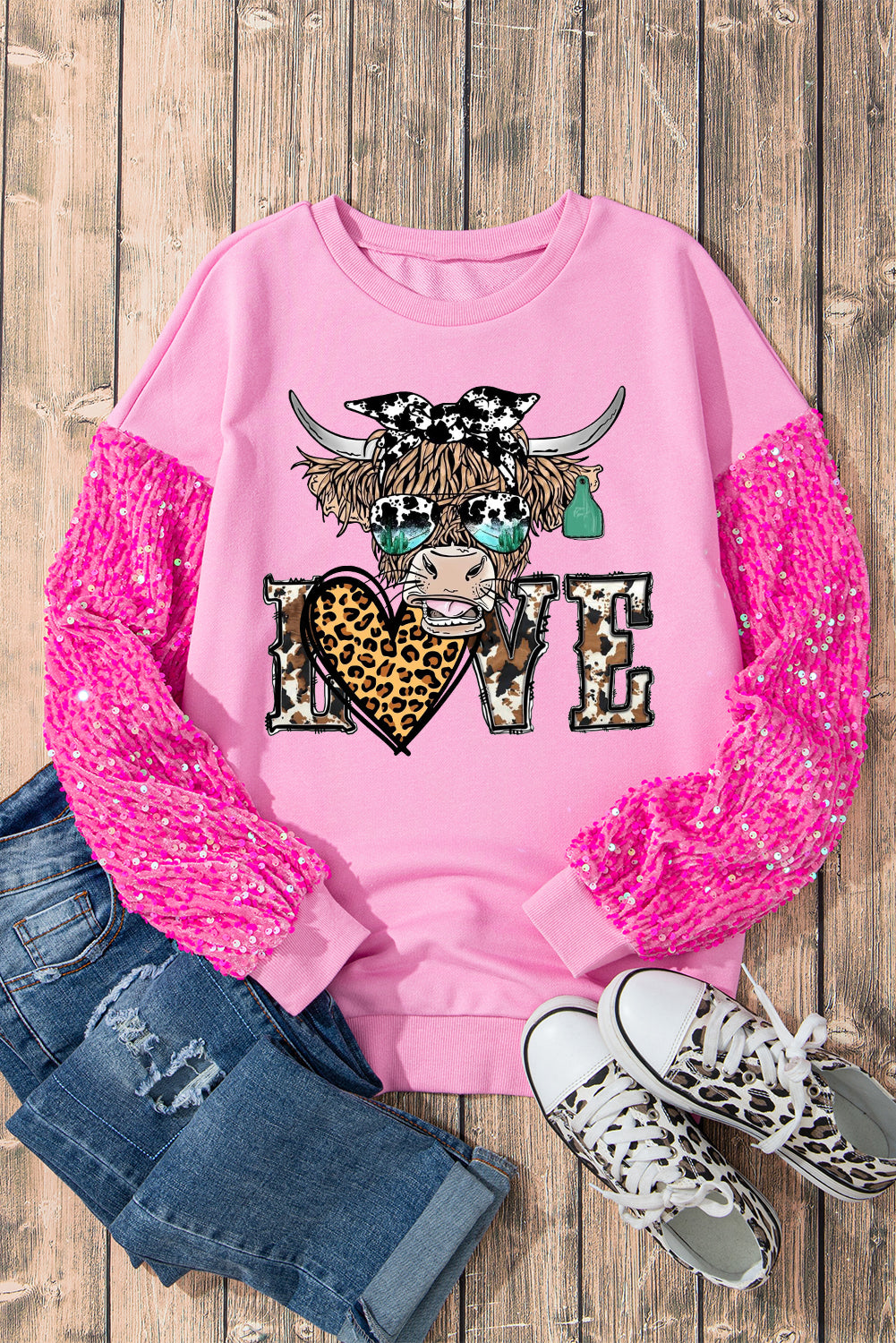 Bulls Heart Leopard Print Sequin Patchwork Long Sleeve Pullover Sweatshirt