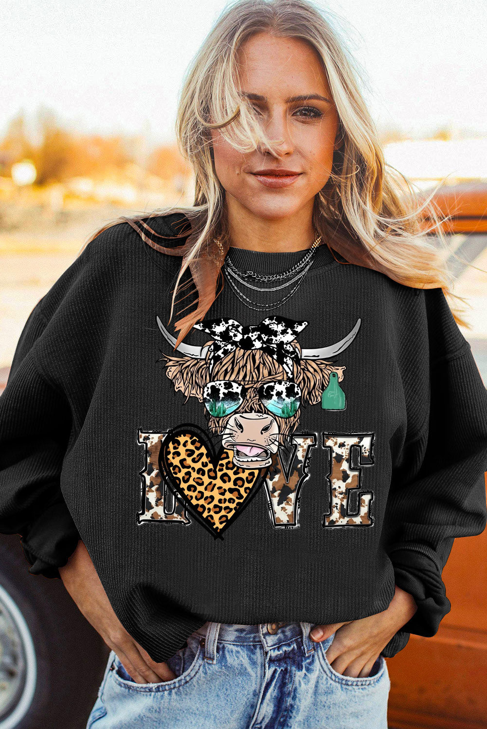 Valentine's Day Bull Heart Leopard Ribbed Corduroy Oversized Sweatshirt