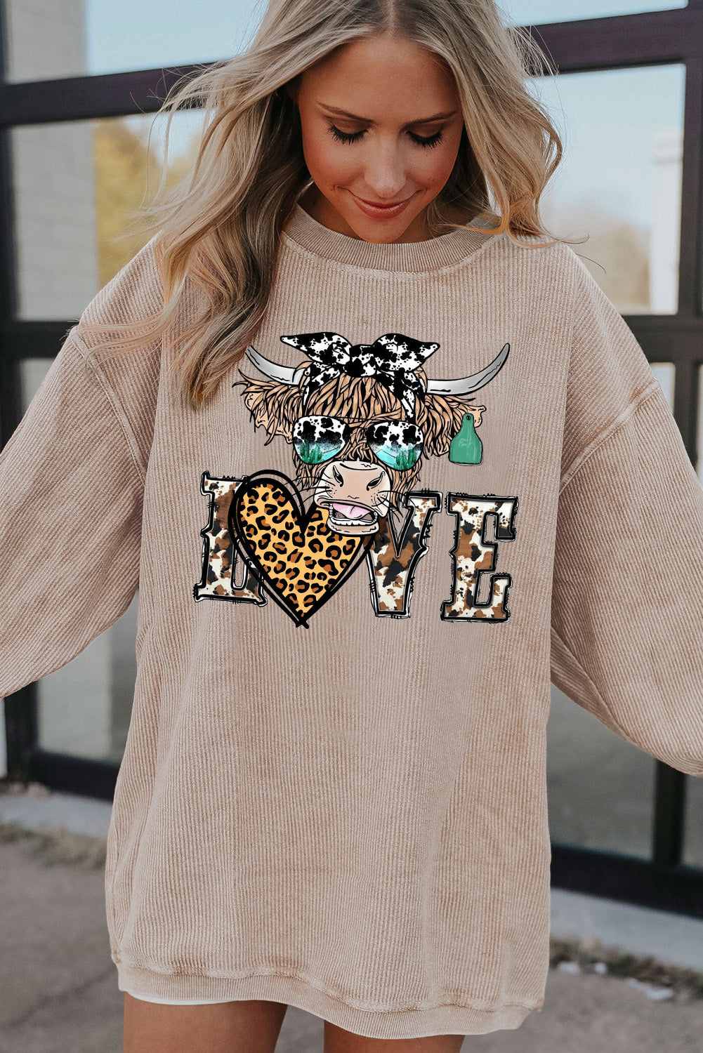 Valentine's Day Bull Heart Leopard Ribbed Corduroy Oversized Sweatshirt