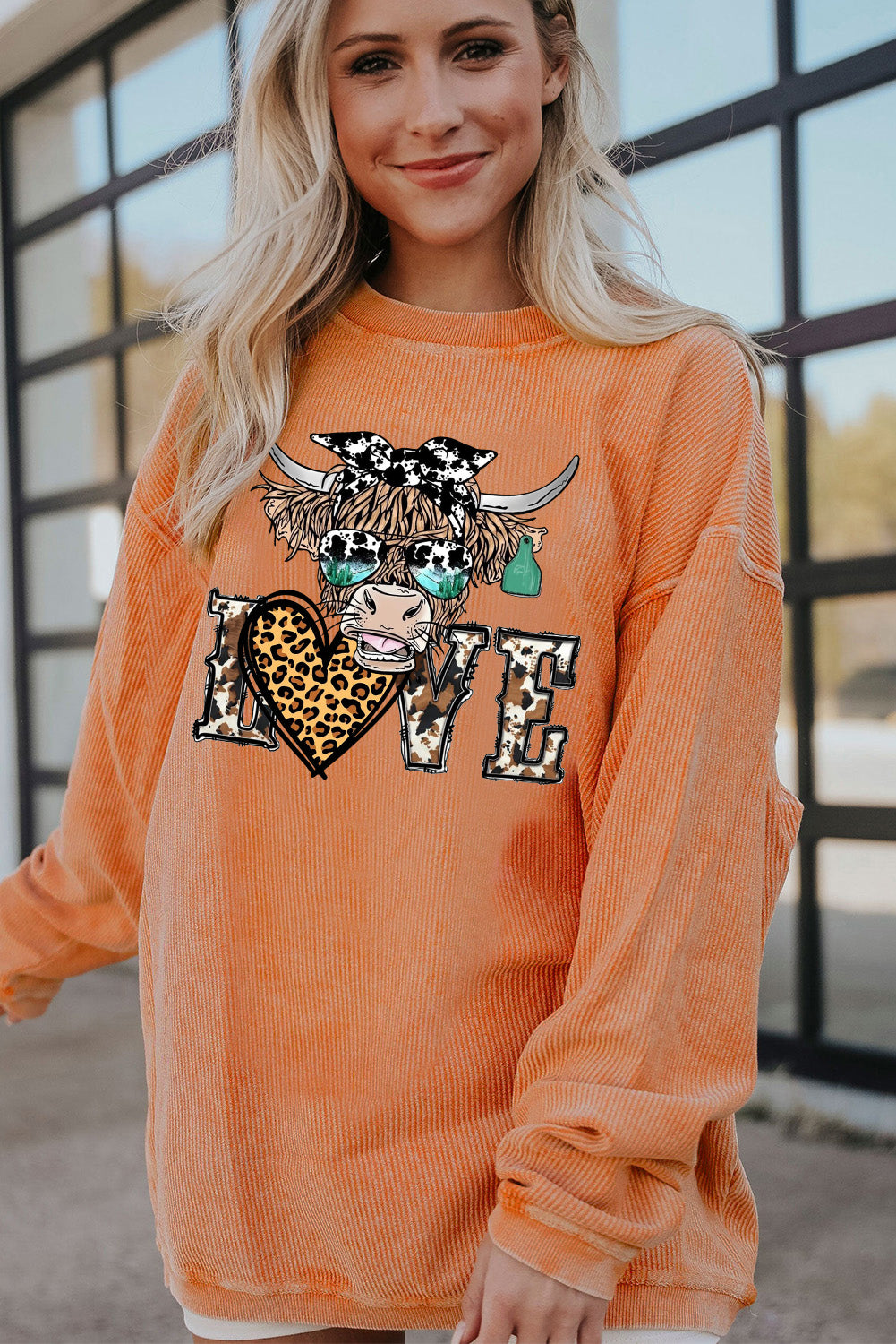 Valentine's Day Bull Heart Leopard Ribbed Corduroy Oversized Sweatshirt