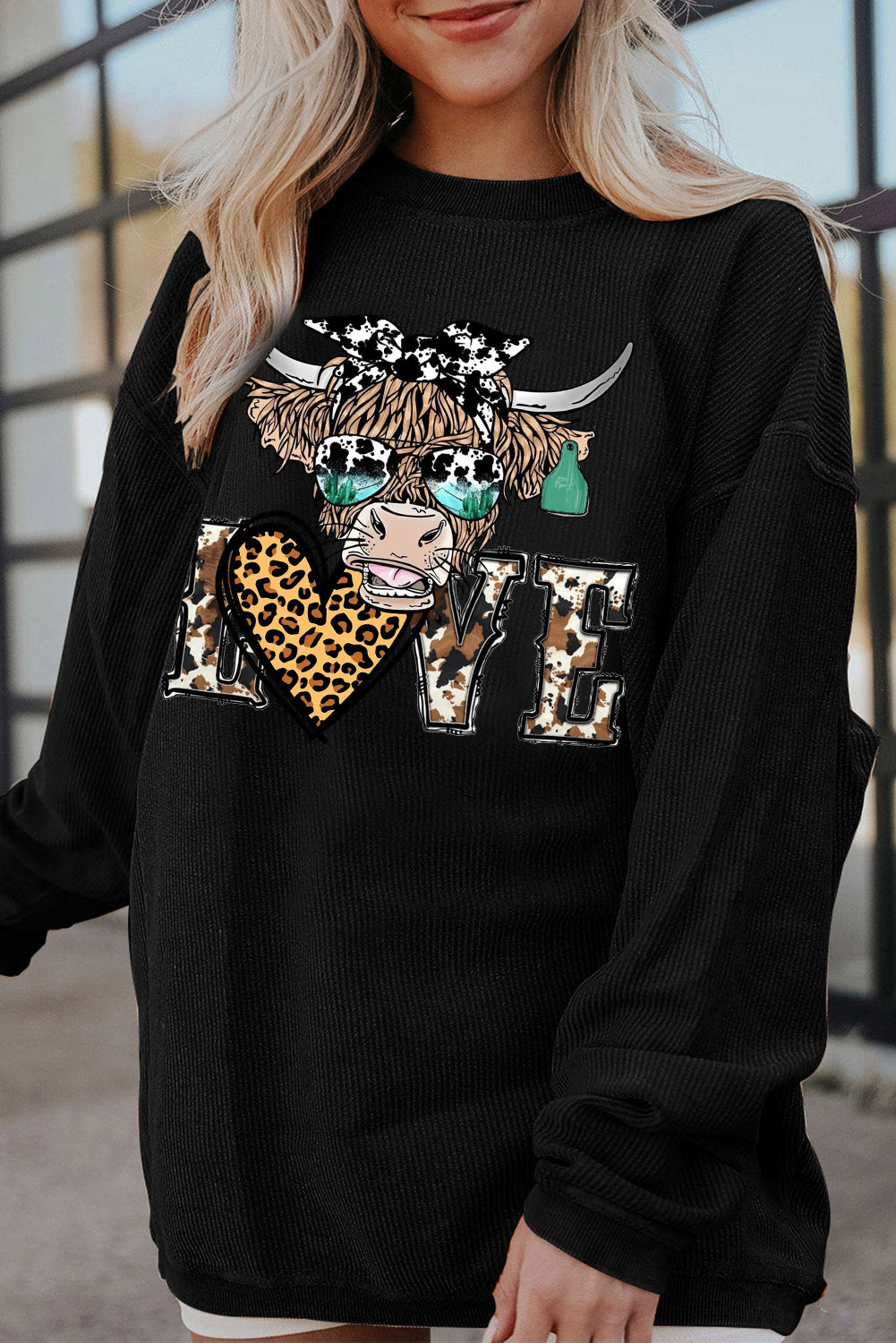 Valentine's Day Bull Heart Leopard Ribbed Corduroy Oversized Sweatshirt