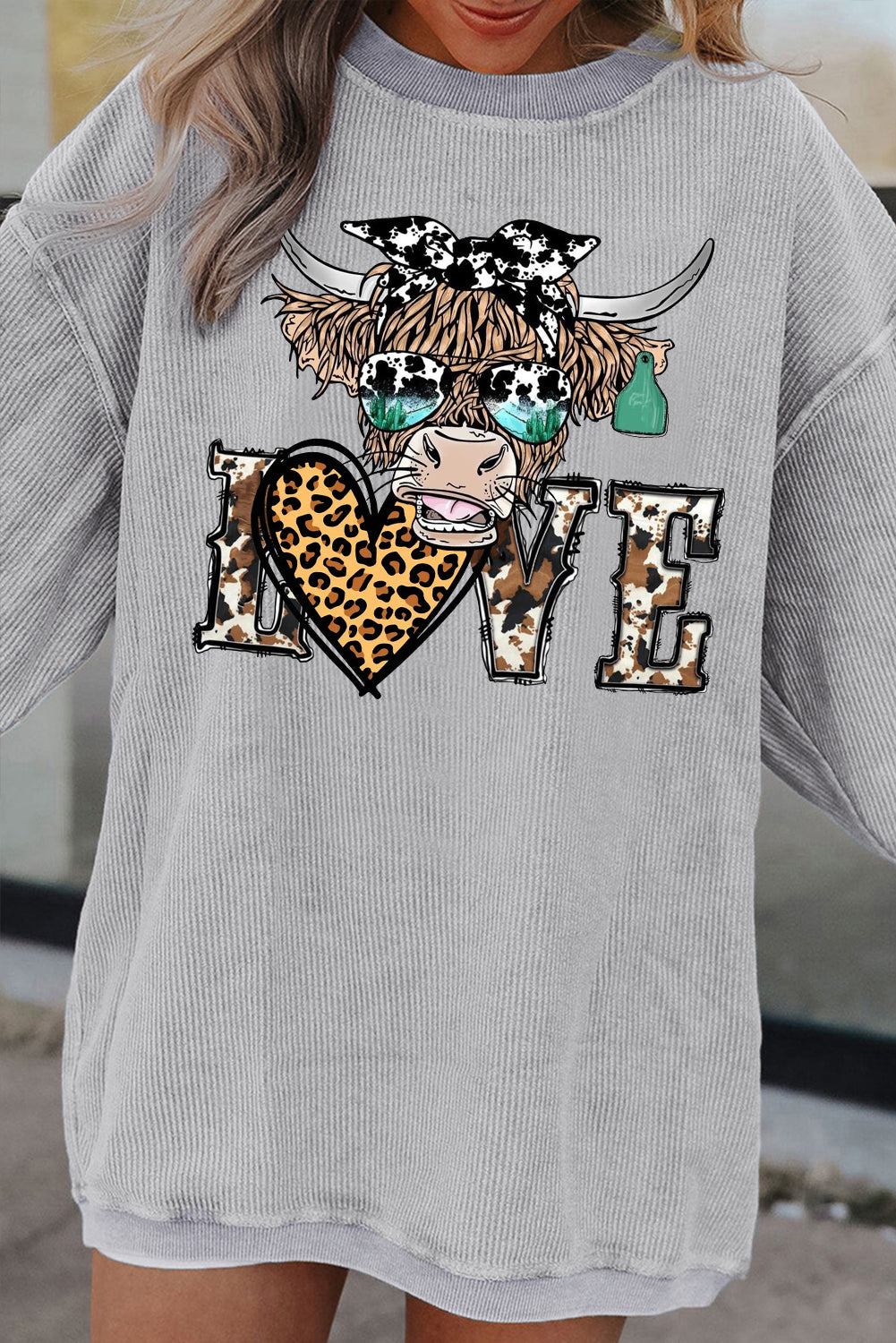 Valentine's Day Bull Heart Leopard Ribbed Corduroy Oversized Sweatshirt