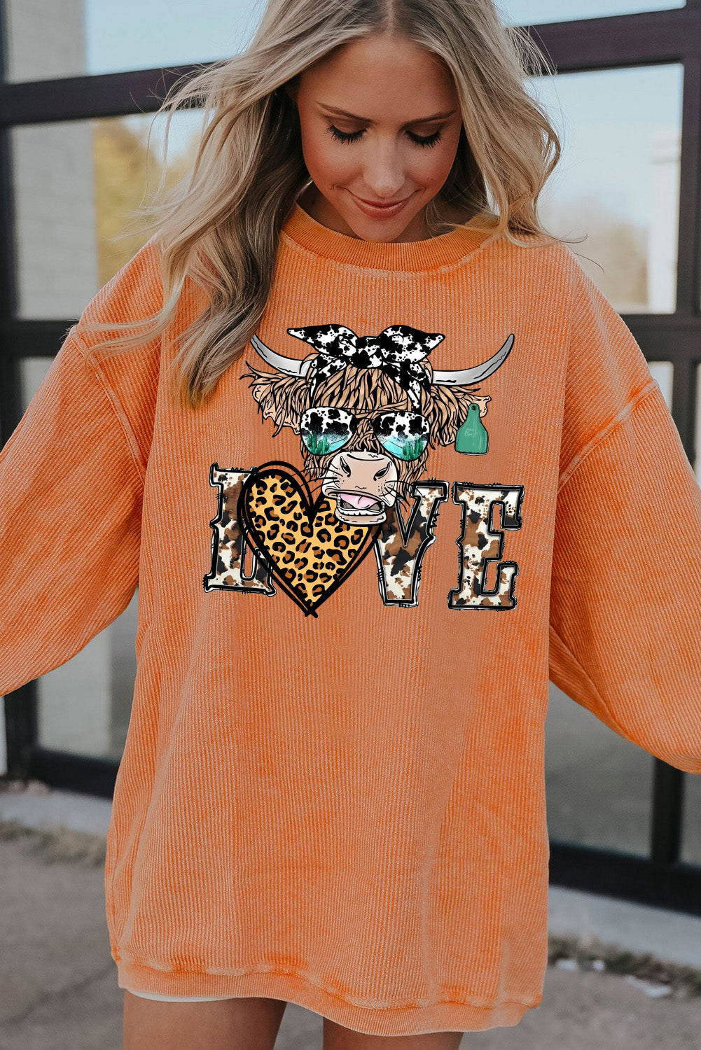 Valentine's Day Bull Heart Leopard Ribbed Corduroy Oversized Sweatshirt