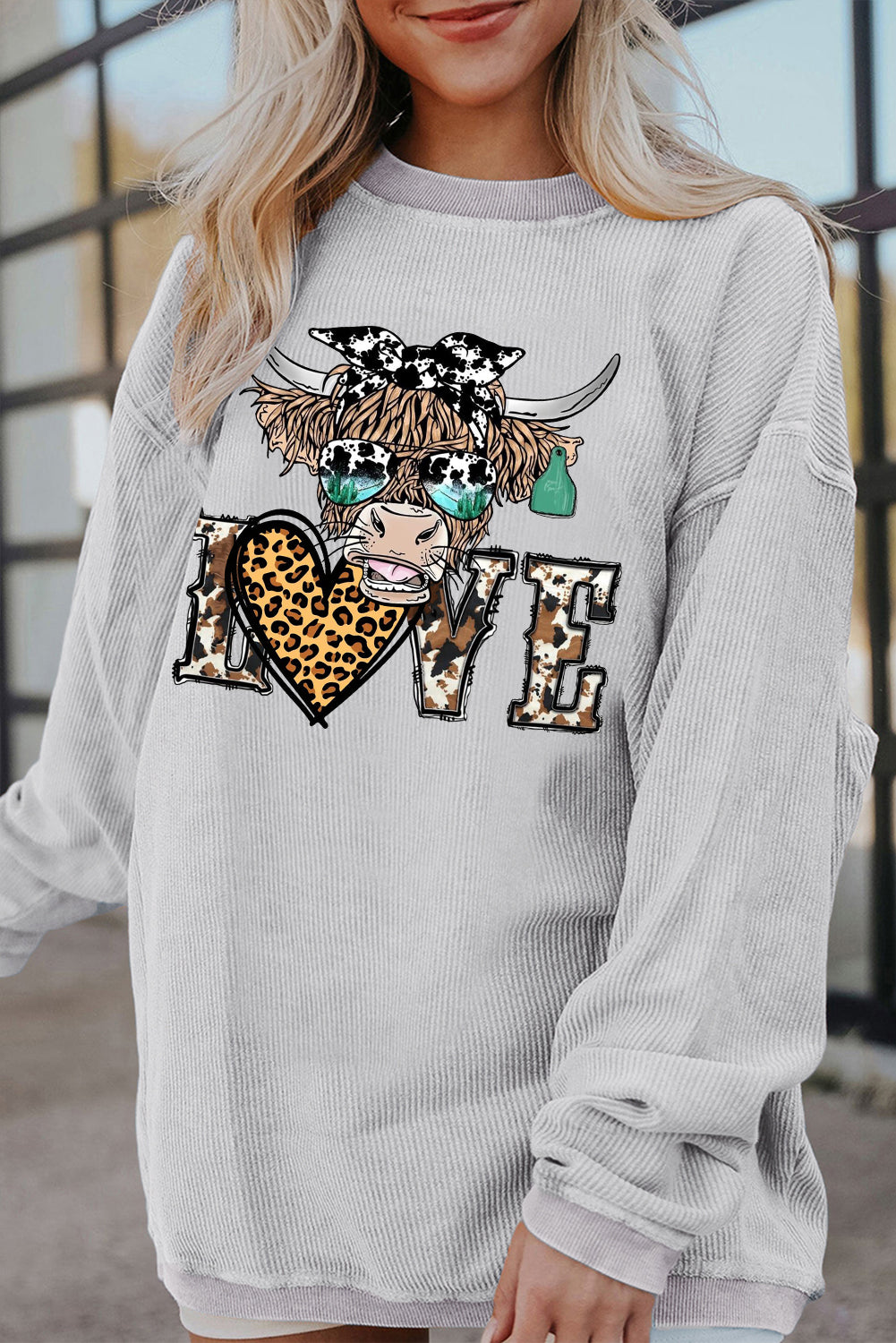 Valentine's Day Bull Heart Leopard Ribbed Corduroy Oversized Sweatshirt