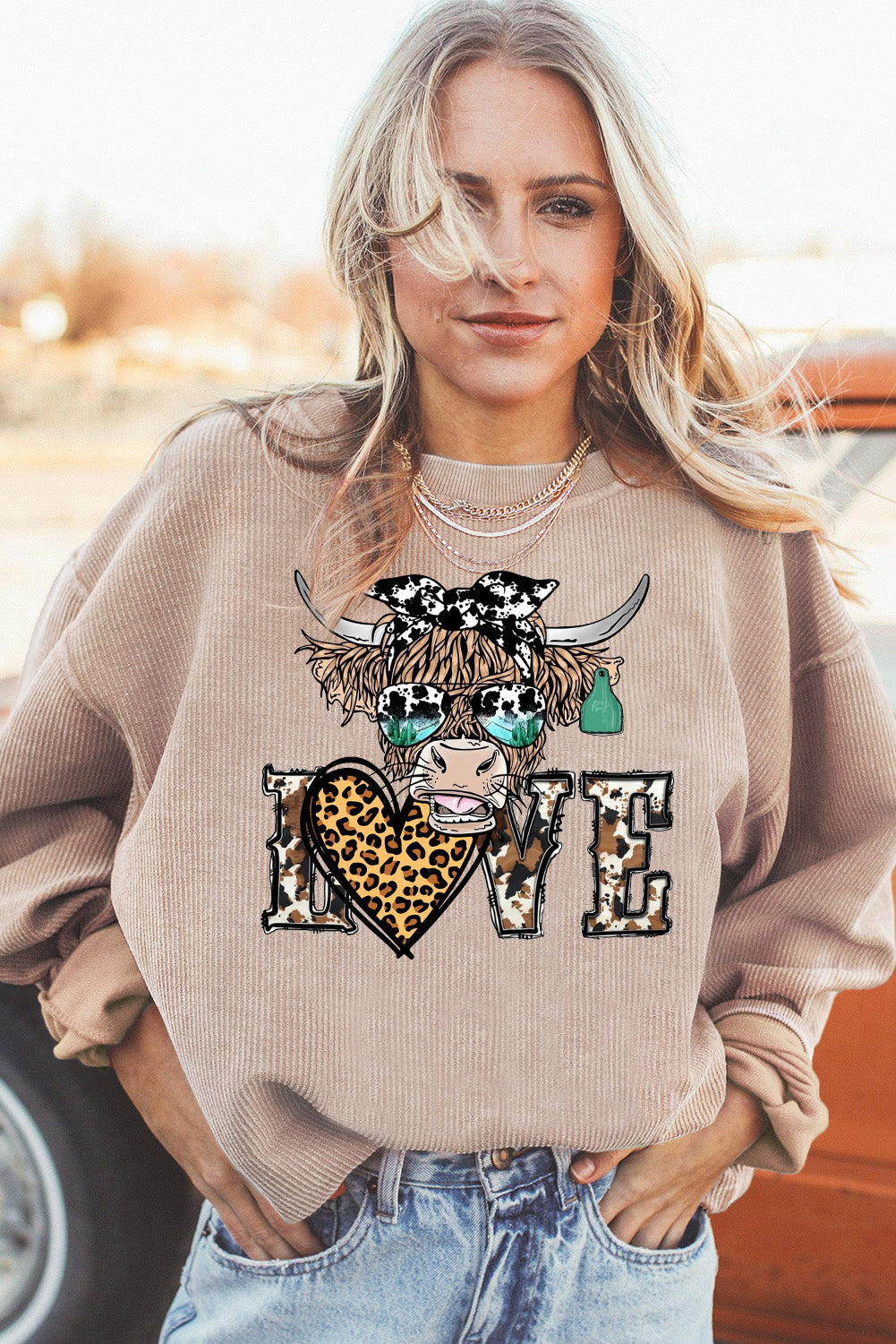 Valentine's Day Bull Heart Leopard Ribbed Corduroy Oversized Sweatshirt