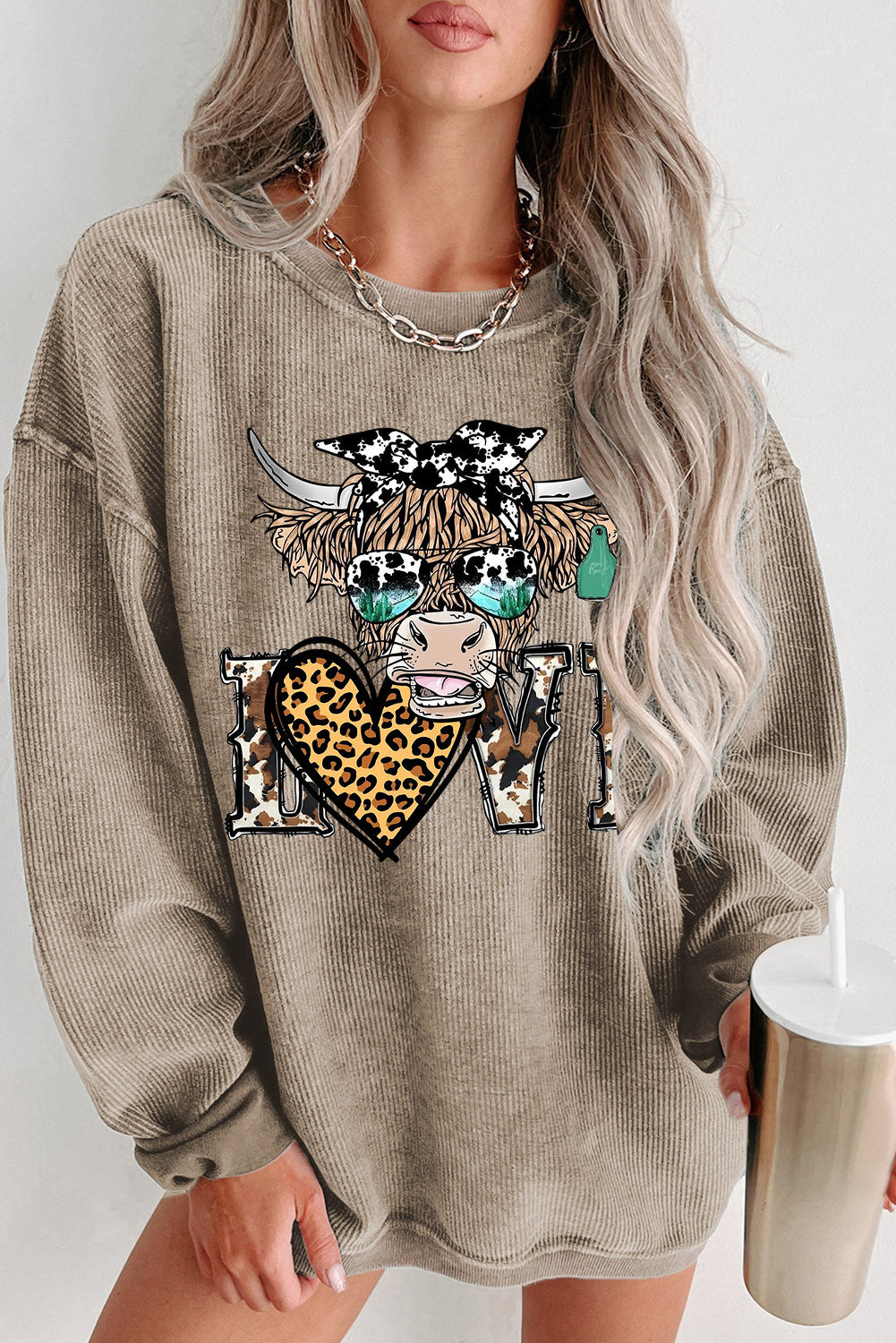 Bull Heart Leopard Print Date Night Crew Neck Knit Sweatshirt