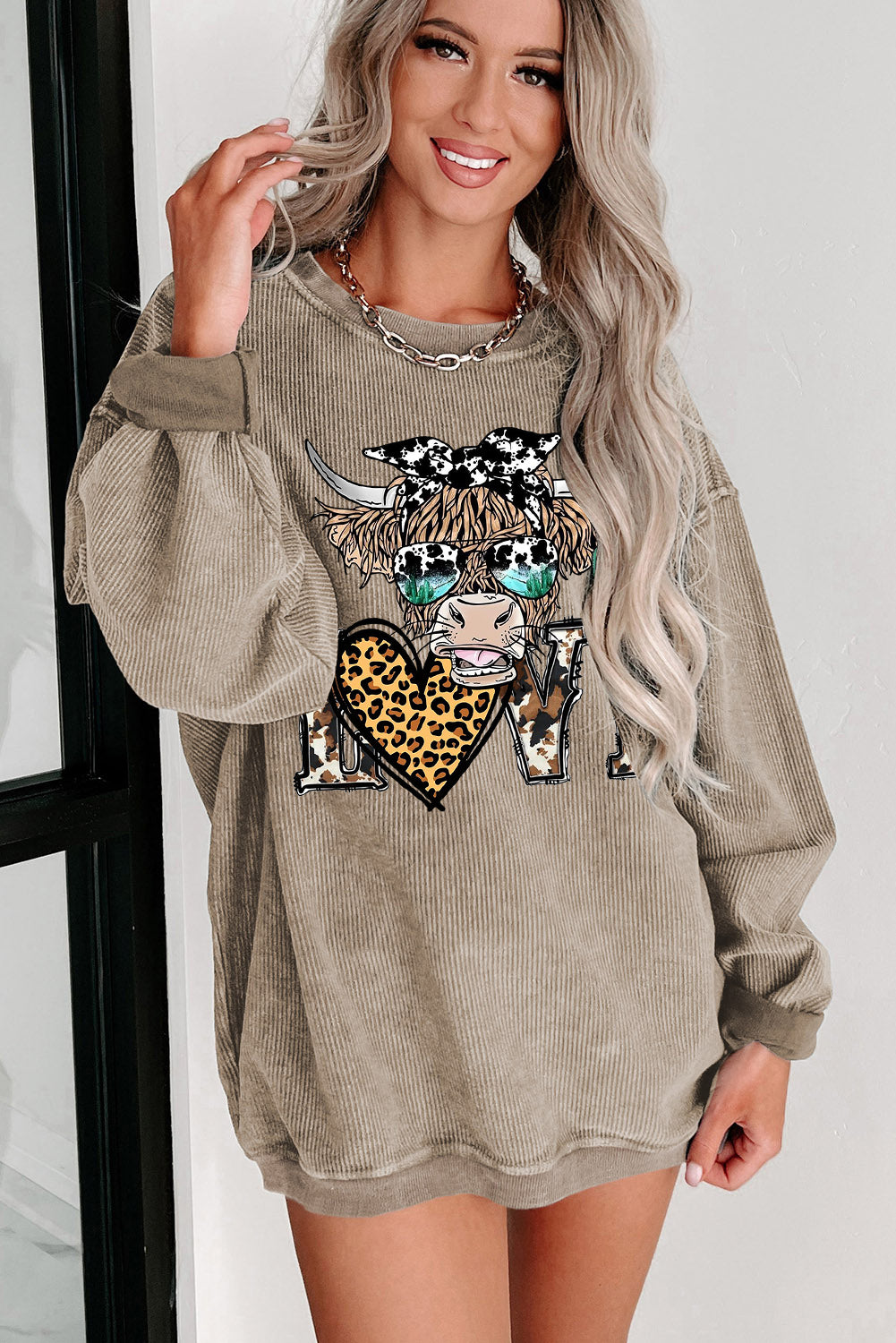 Bull Heart Leopard Print Date Night Crew Neck Knit Sweatshirt