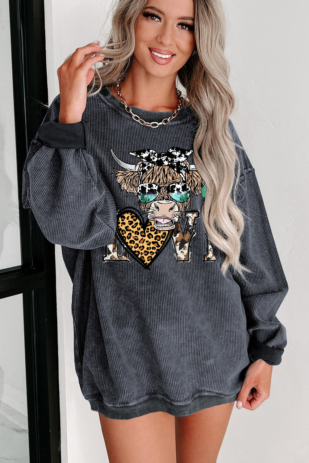 Bull Heart Leopard Print Date Night Crew Neck Knit Sweatshirt