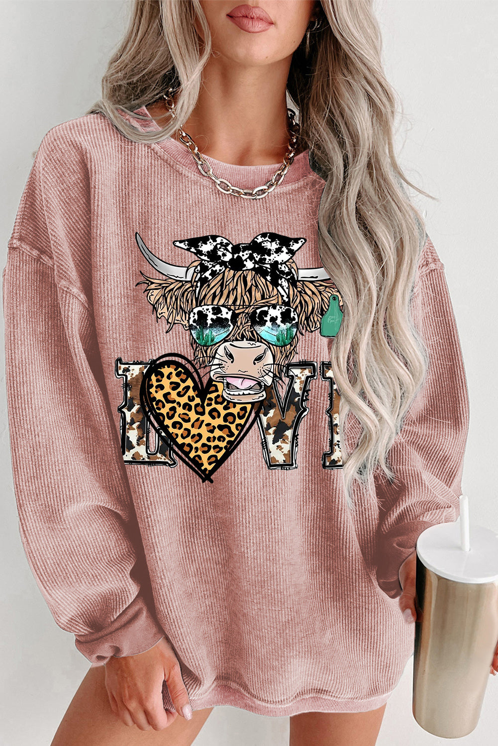 Bull Heart Leopard Print Date Night Crew Neck Knit Sweatshirt