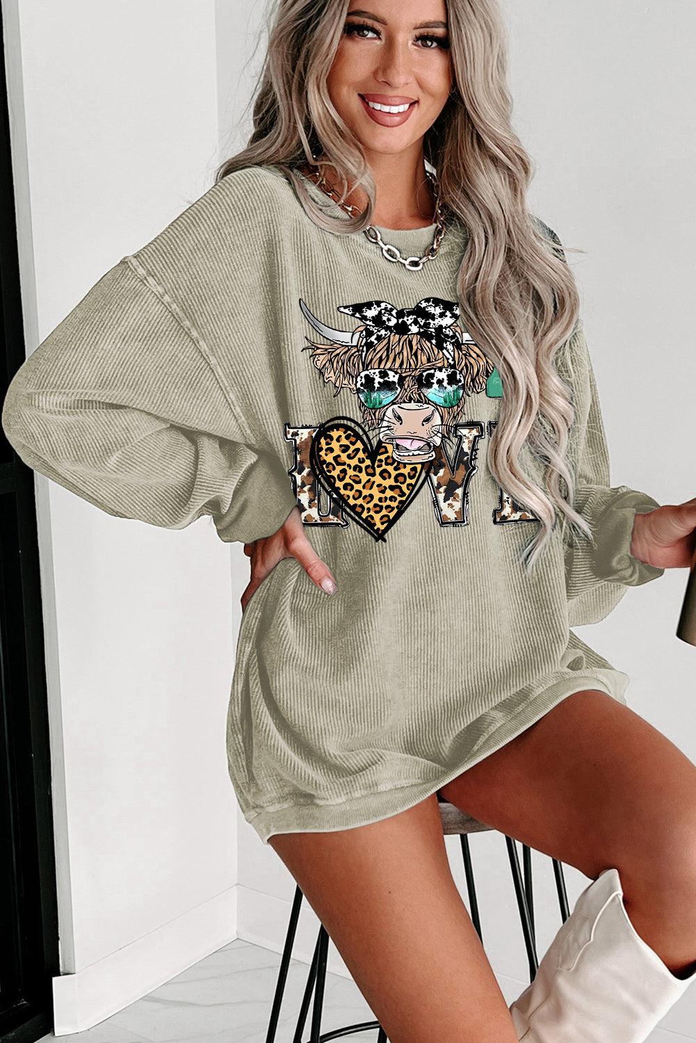 Bull Heart Leopard Print Date Night Crew Neck Knit Sweatshirt