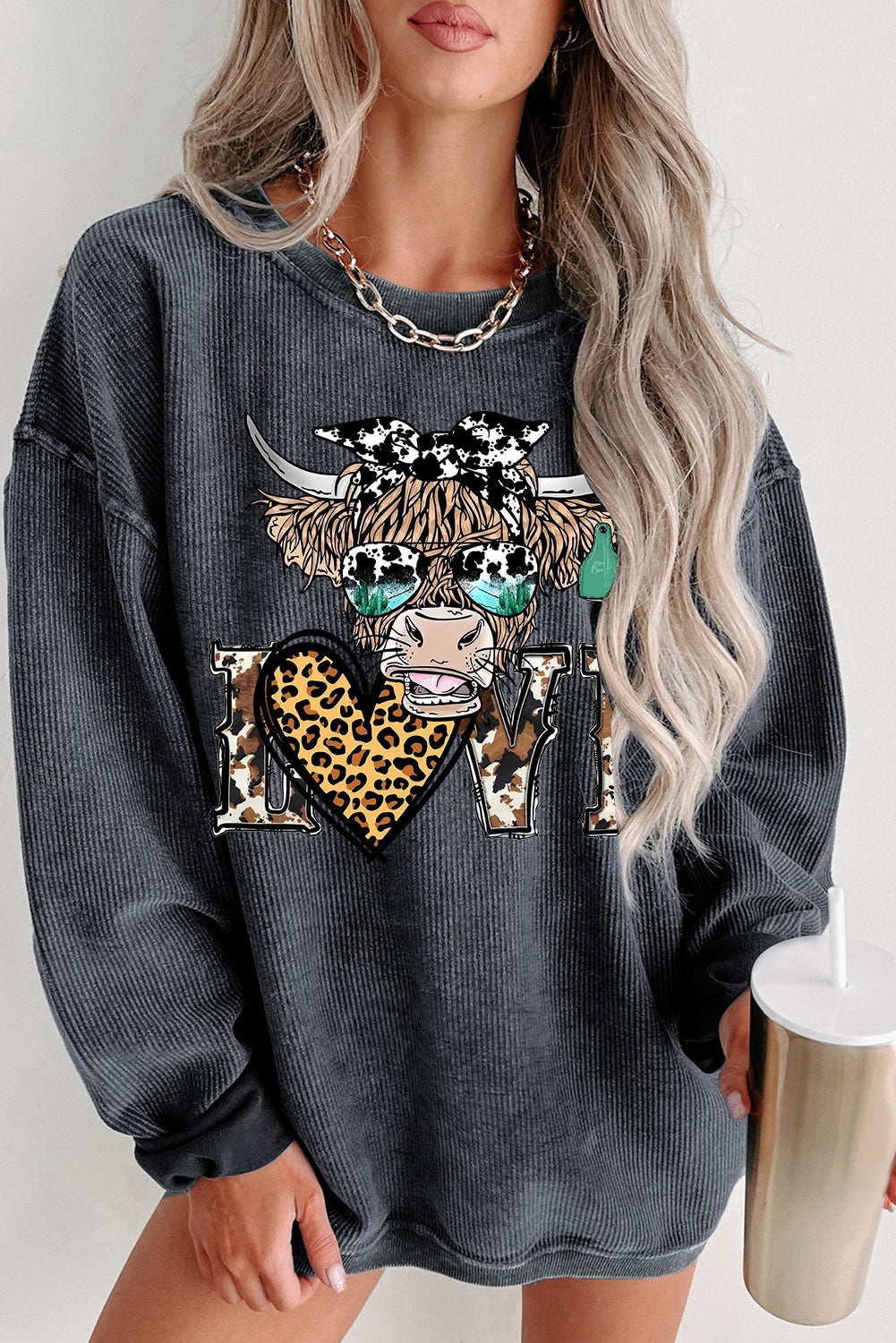 Bull Heart Leopard Print Date Night Crew Neck Knit Sweatshirt