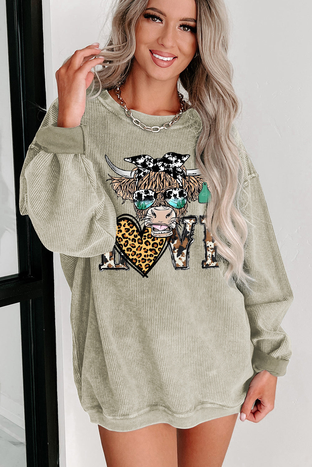 Bull Heart Leopard Print Date Night Crew Neck Knit Sweatshirt