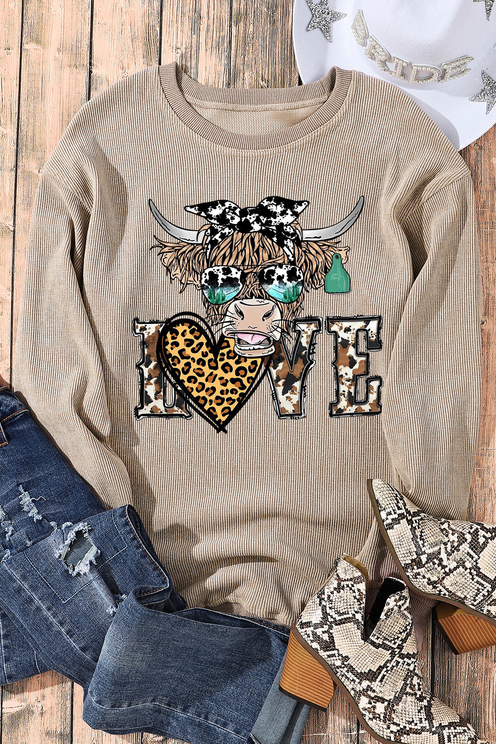 Bull Heart Leopard Print Date Night Crew Neck Knit Sweatshirt