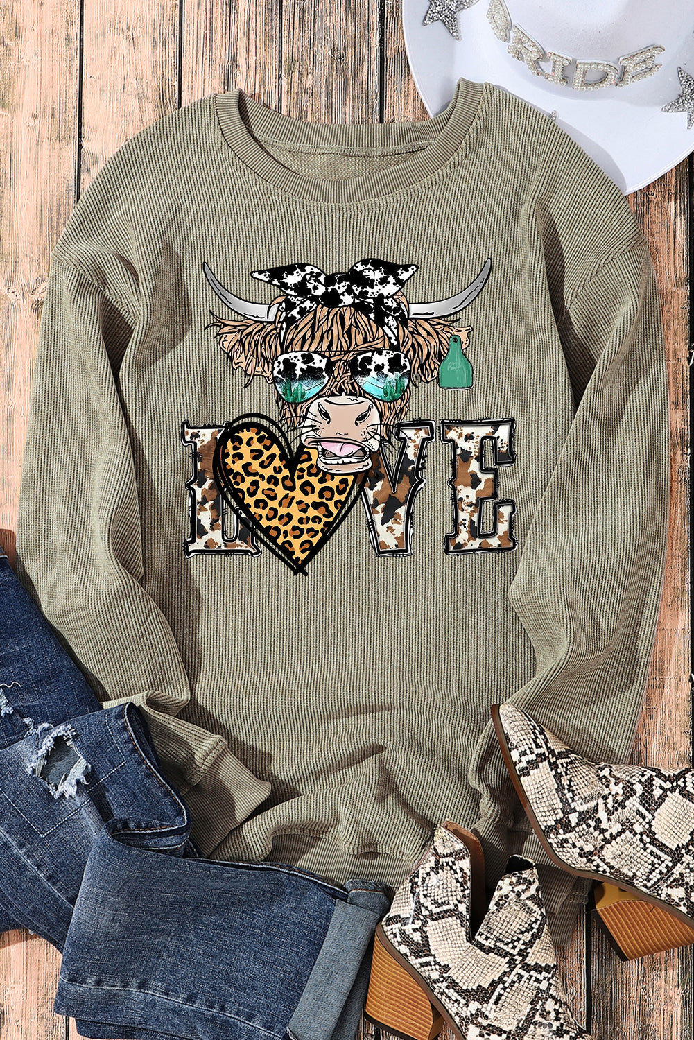 Bull Heart Leopard Print Date Night Crew Neck Knit Sweatshirt