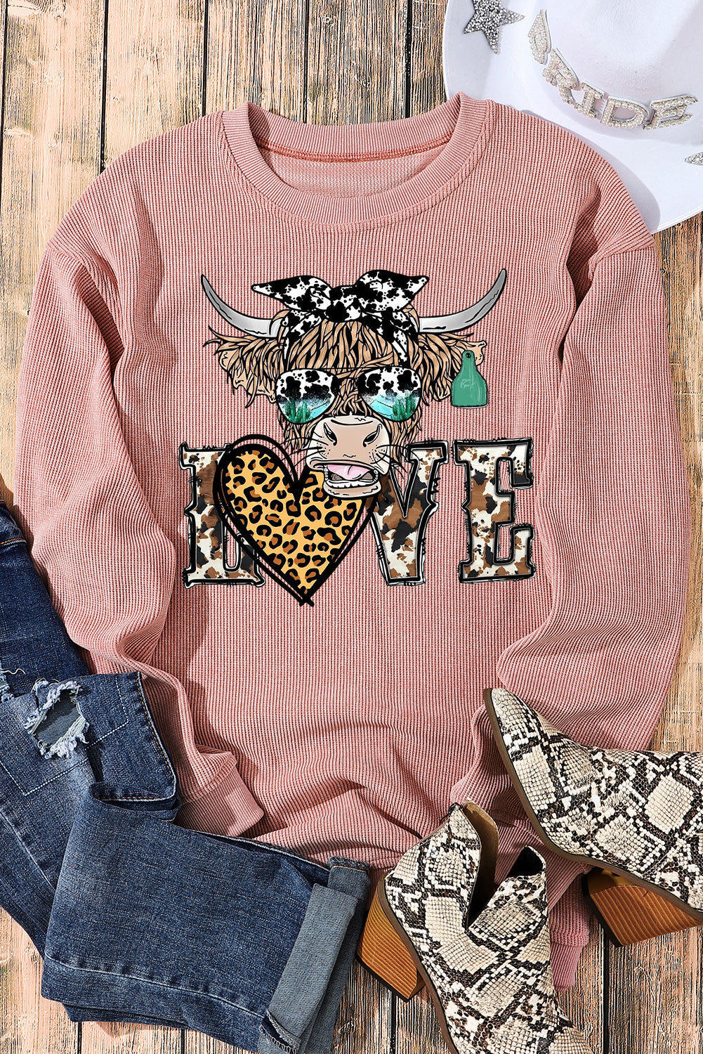 Bull Heart Leopard Print Date Night Crew Neck Knit Sweatshirt