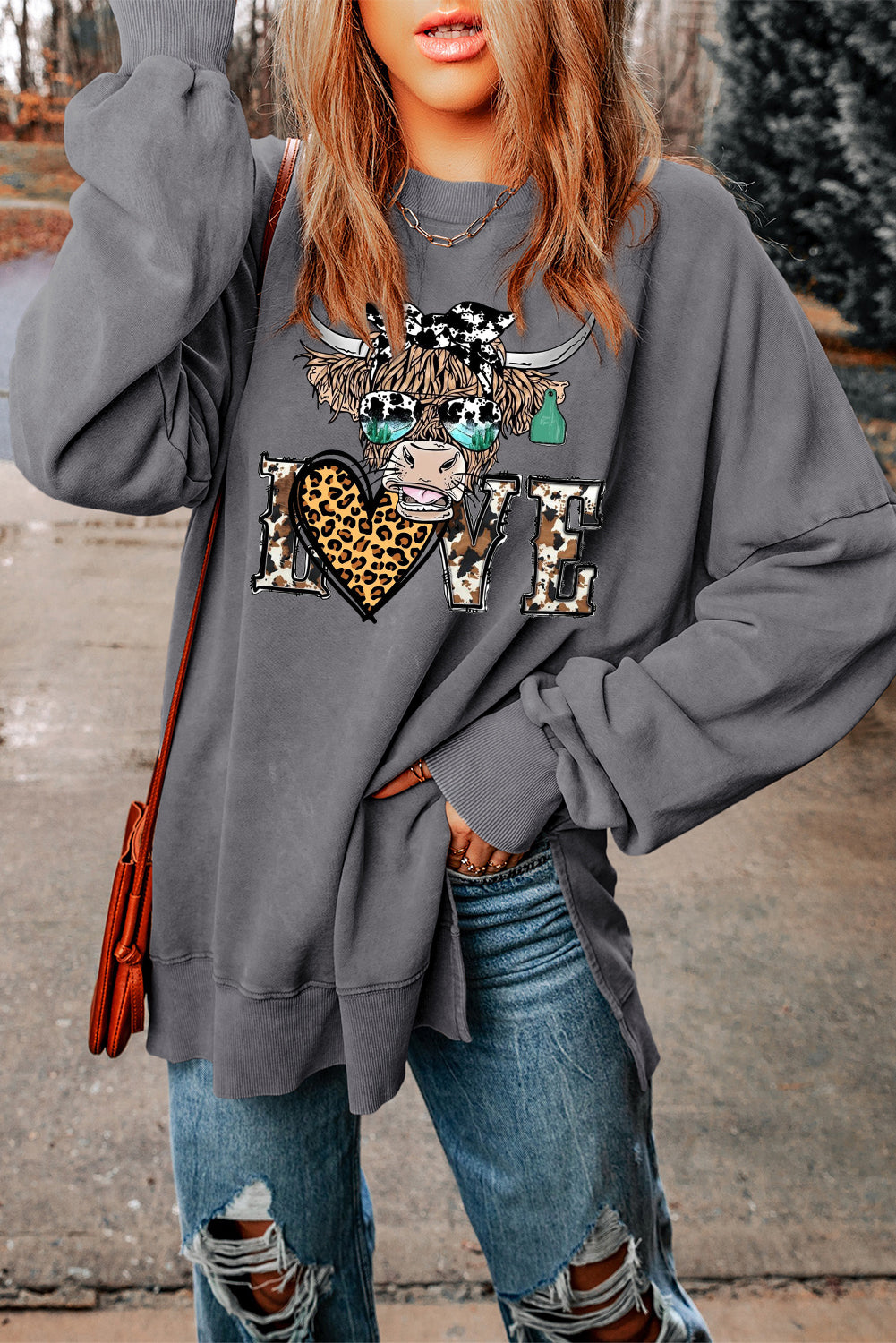 Valentine's Day Bull Heart Leopard Oversized Drop Shoulder Ribbed Sweatshirt