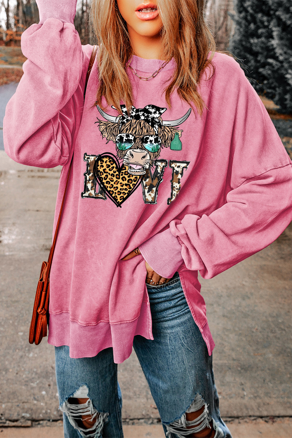 Valentine's Day Bull Heart Leopard Oversized Drop Shoulder Ribbed Sweatshirt