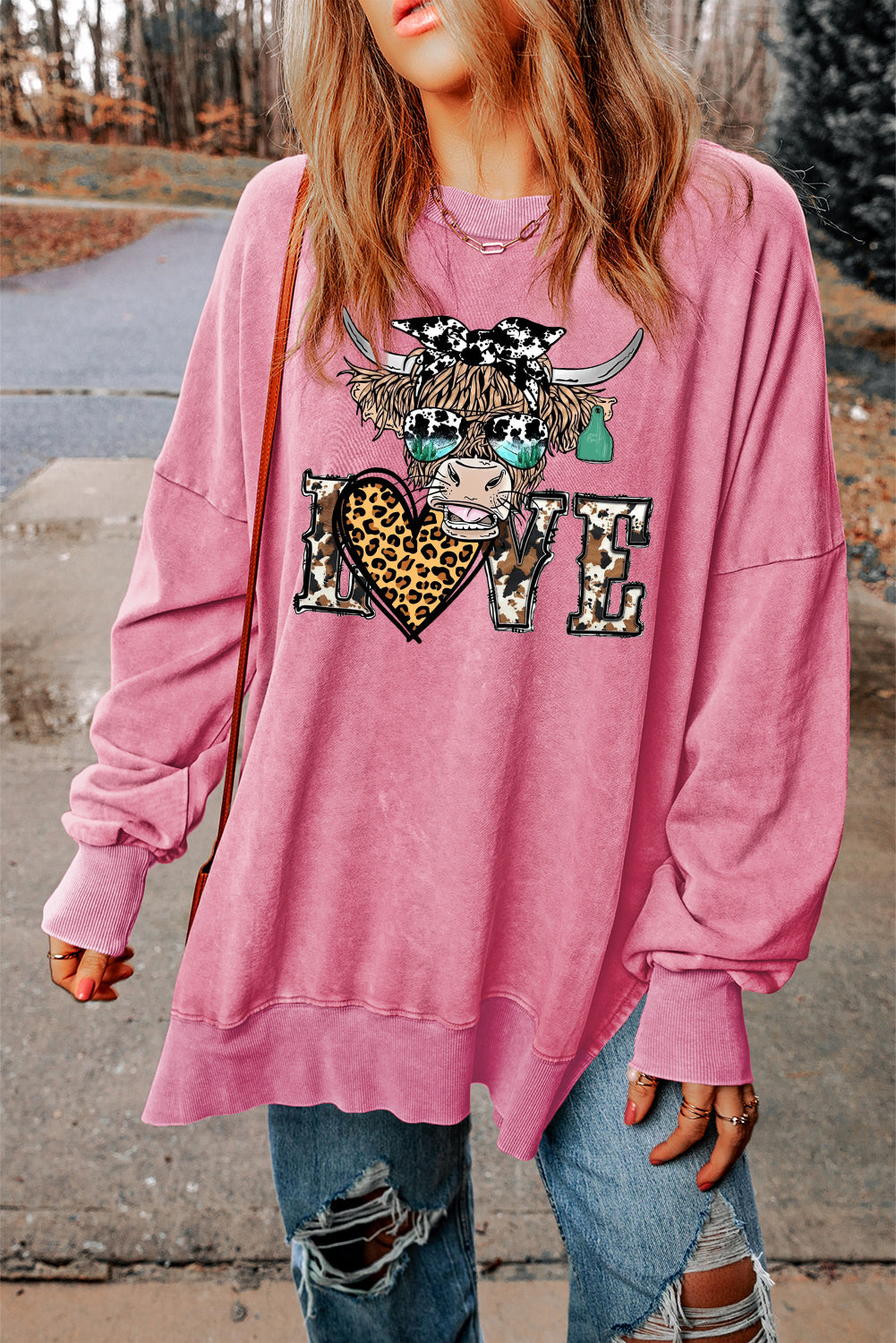 Valentine's Day Bull Heart Leopard Oversized Drop Shoulder Ribbed Sweatshirt