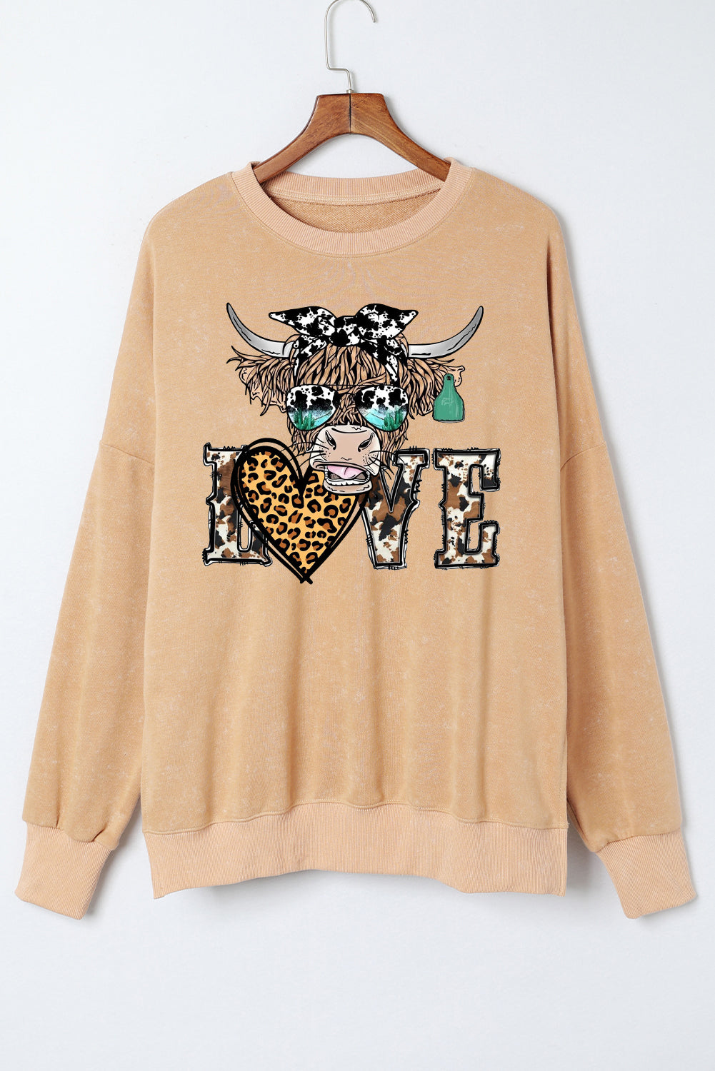 Valentine's Day Bull Heart Leopard Oversized Drop Shoulder Ribbed Sweatshirt