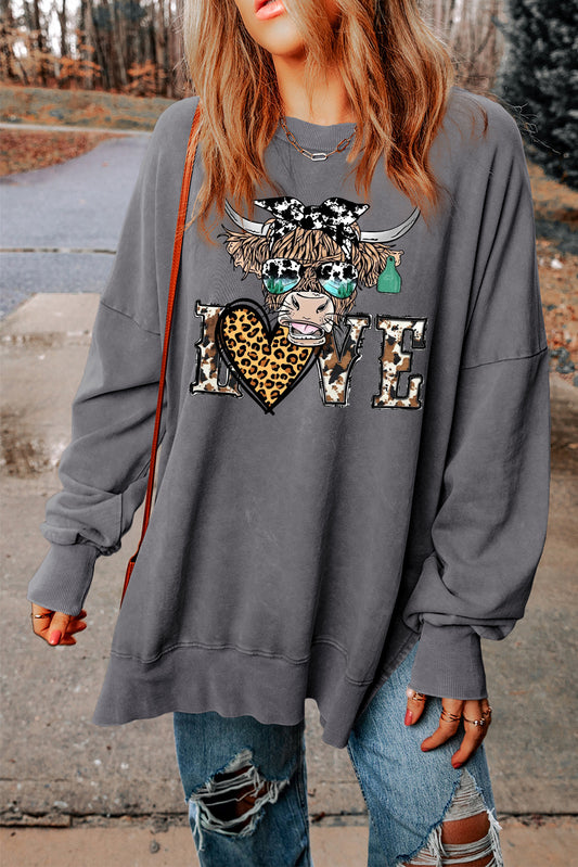 Valentine's Day Bull Heart Leopard Oversized Drop Shoulder Ribbed Sweatshirt