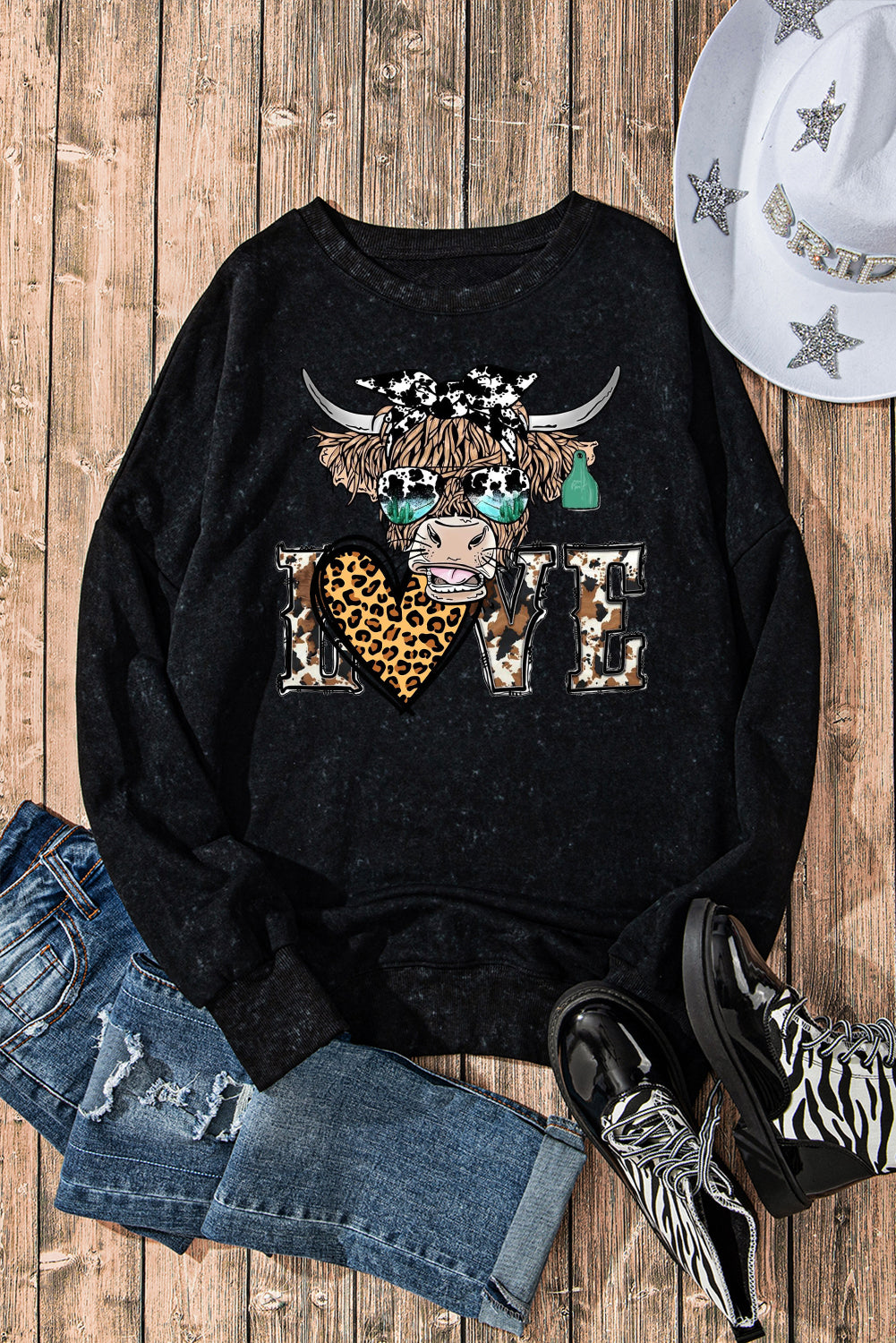 Valentine's Day Bull Heart Leopard Oversized Drop Shoulder Ribbed Sweatshirt