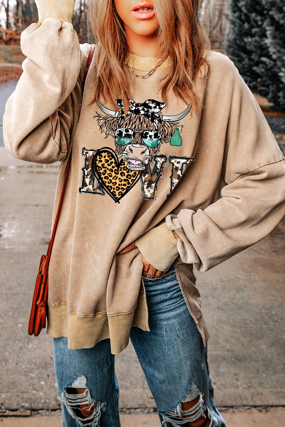 Valentine's Day Bull Heart Leopard Oversized Drop Shoulder Ribbed Sweatshirt