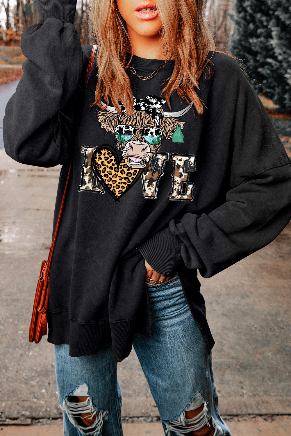 Valentine's Day Bull Heart Leopard Oversized Drop Shoulder Ribbed Sweatshirt