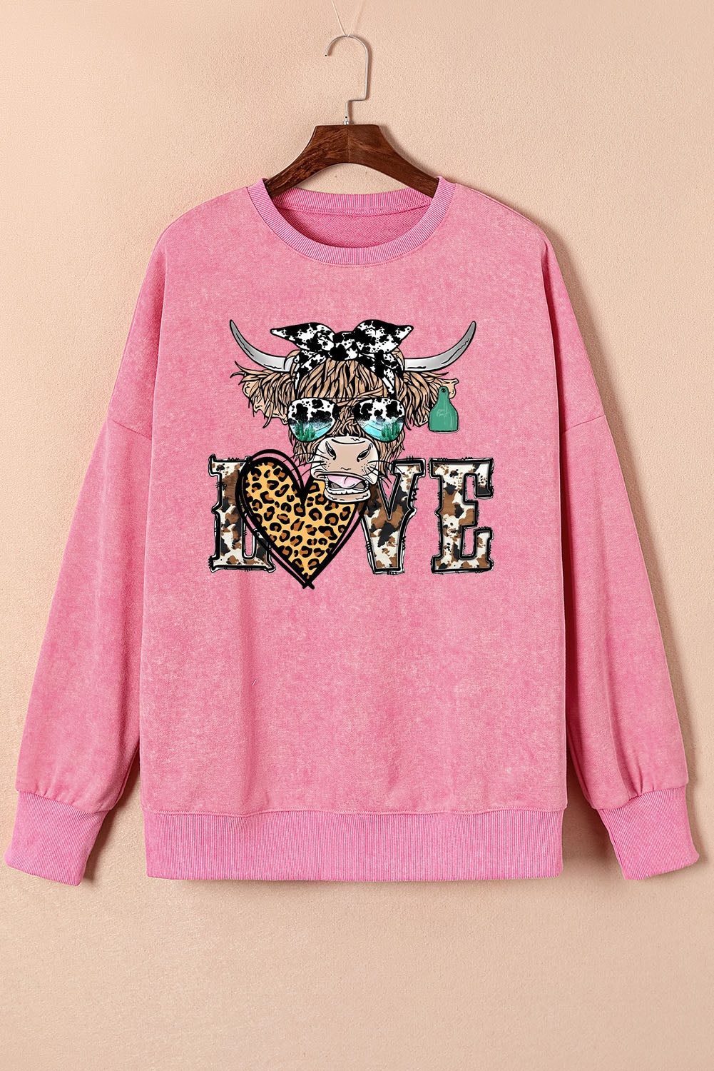 Valentine's Day Bull Heart Leopard Oversized Drop Shoulder Ribbed Sweatshirt