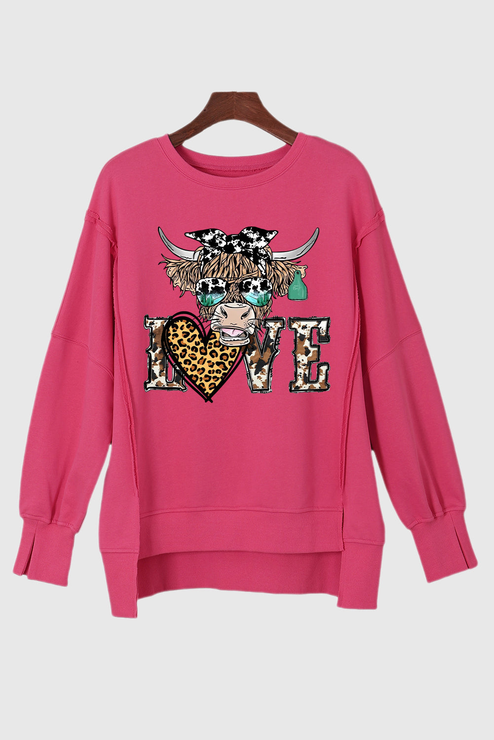 Valentine's Day Bull Leopard Heart Patchwork Drop Shoulder Sweatshirt