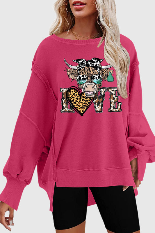 Valentine's Day Bull Leopard Heart Patchwork Drop Shoulder Sweatshirt