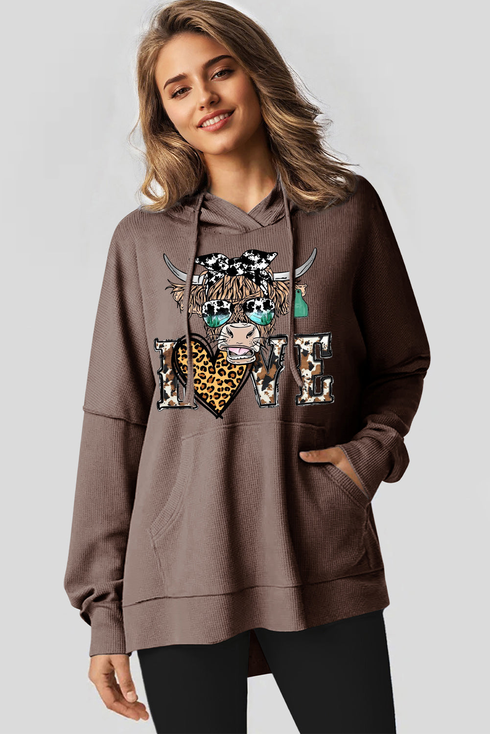 Valentine's Day Bull Leopard Heart Waffle Knit Fleece Lined Hoodie