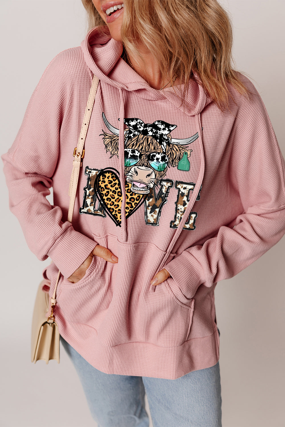 Valentine's Day Bull Leopard Heart Waffle Knit Fleece Lined Hoodie