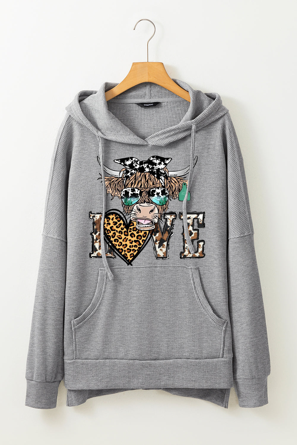 Valentine's Day Bull Leopard Heart Waffle Knit Fleece Lined Hoodie