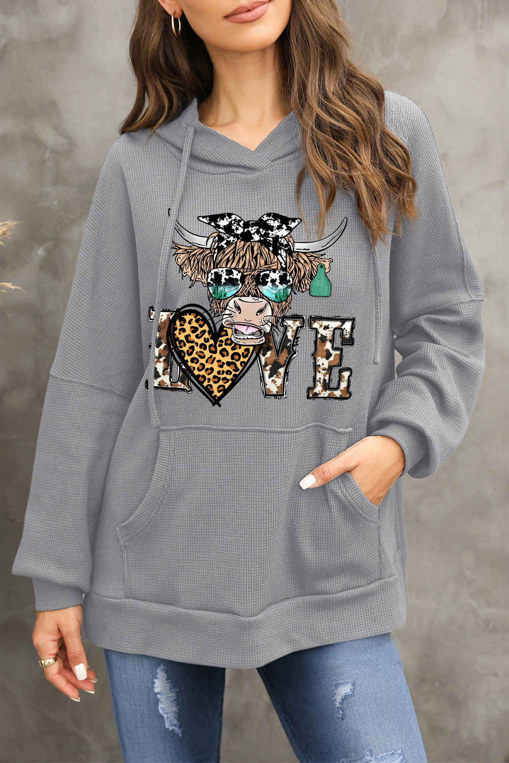 Valentine's Day Bull Leopard Heart Waffle Knit Fleece Lined Hoodie