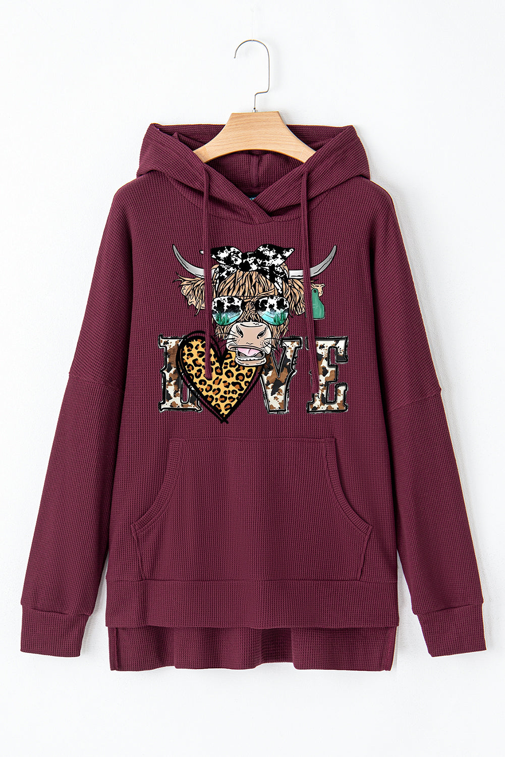 Valentine's Day Bull Leopard Heart Waffle Knit Fleece Lined Hoodie