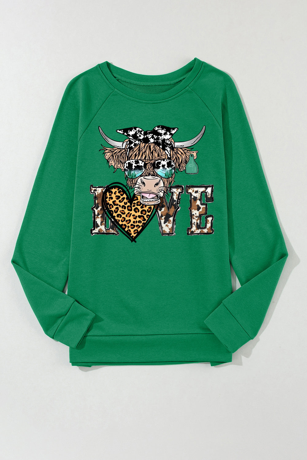 Valentine's Day Bull Heart Leopard Print Crew Neck Pullover Sweatshirt