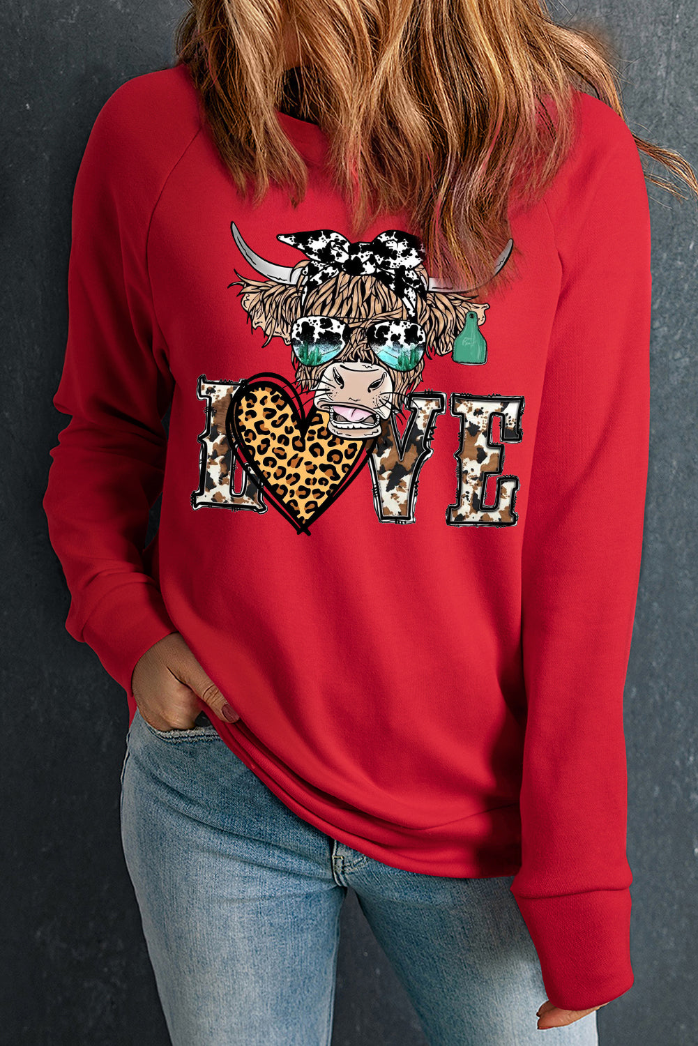 Valentine's Day Bull Heart Leopard Print Crew Neck Pullover Sweatshirt