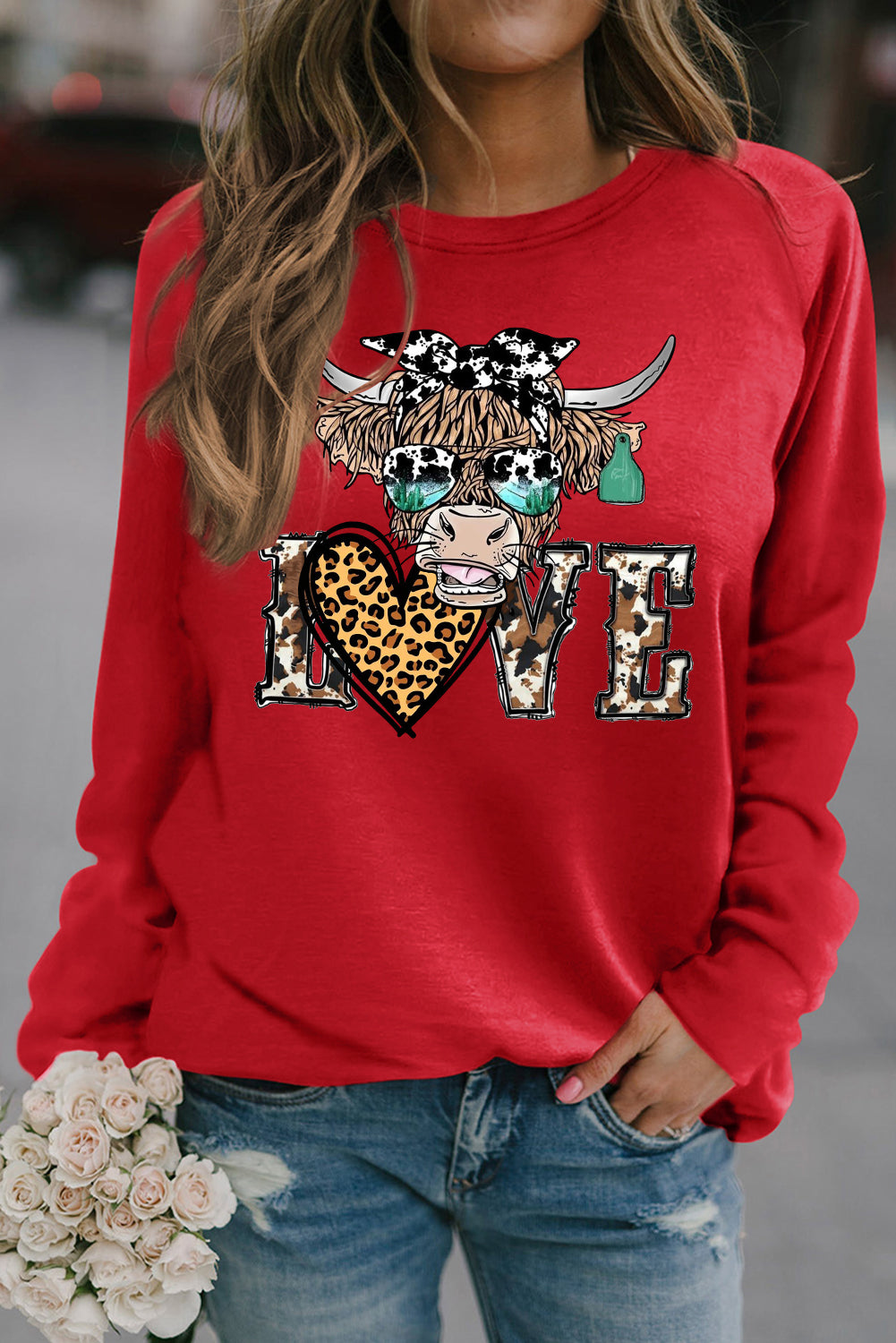 Valentine's Day Bull Heart Leopard Print Crew Neck Pullover Sweatshirt