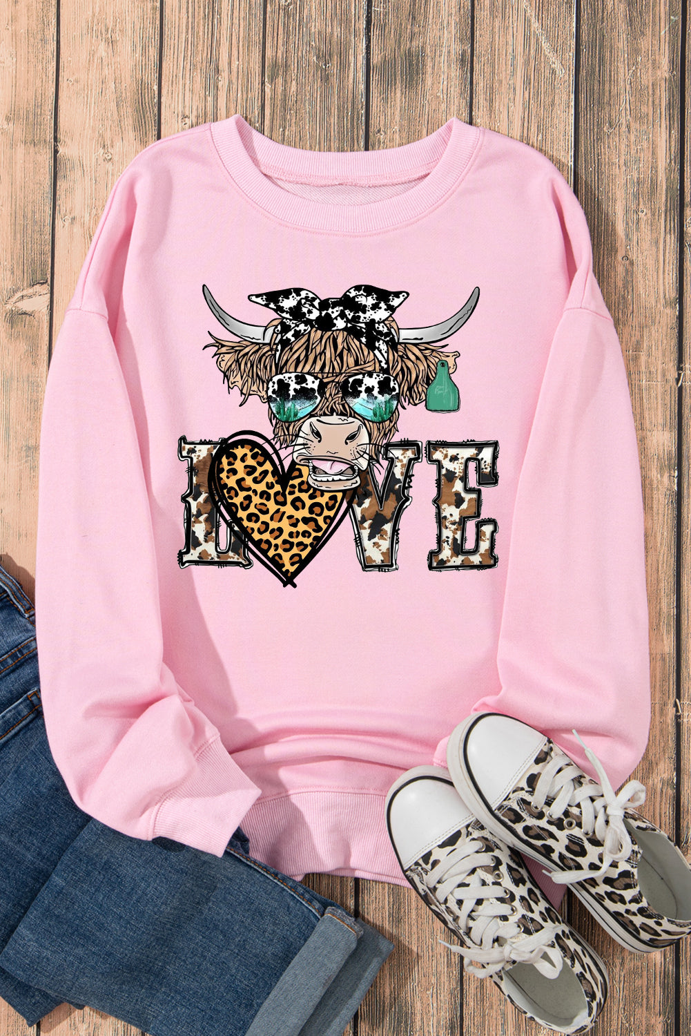 Valentine's Bulls Elements Leopard Print Heart Pullover Sweatshirt