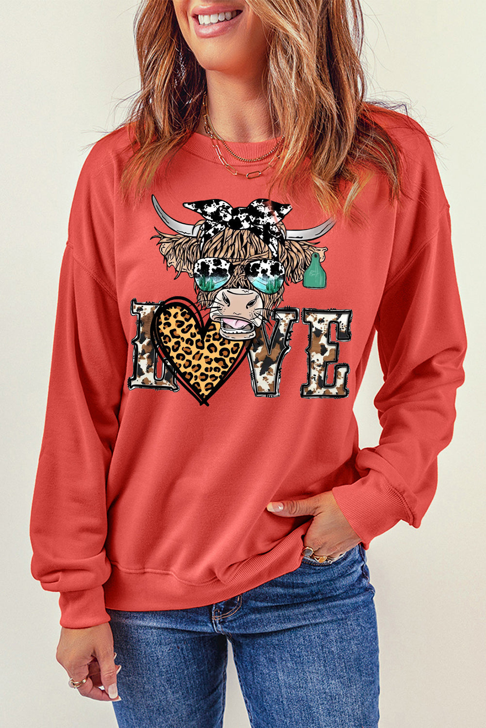 Valentine's Bulls Elements Leopard Print Heart Pullover Sweatshirt