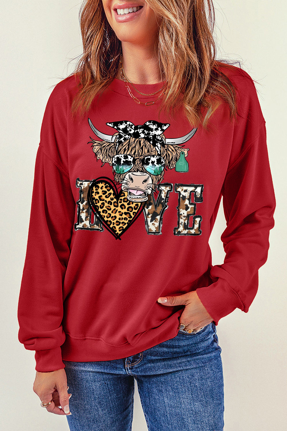 Valentine's Bulls Elements Leopard Print Heart Pullover Sweatshirt