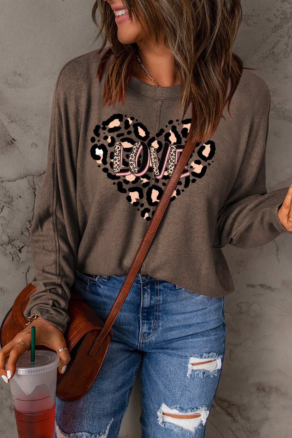 Leopard Heart LOVE Graphic Patchwork Long Sleeve Knit Top